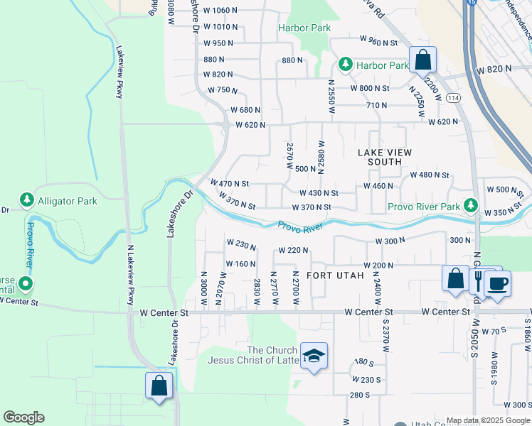 map of restaurants, bars, coffee shops, grocery stores, and more near 2749 West 370 North Street in Provo