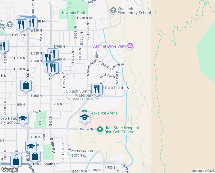 map of restaurants, bars, coffee shops, grocery stores, and more near 1381 East 400 North in Provo