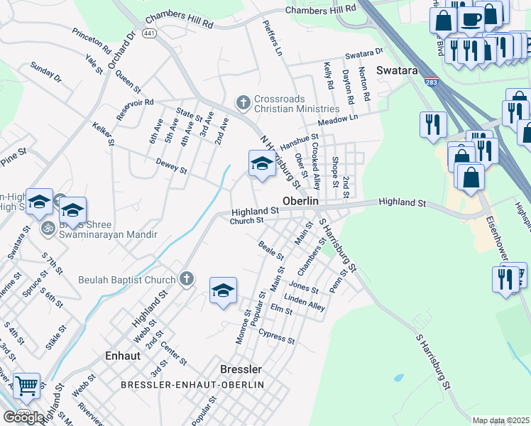 map of restaurants, bars, coffee shops, grocery stores, and more near 1082 Highland Street in Steelton
