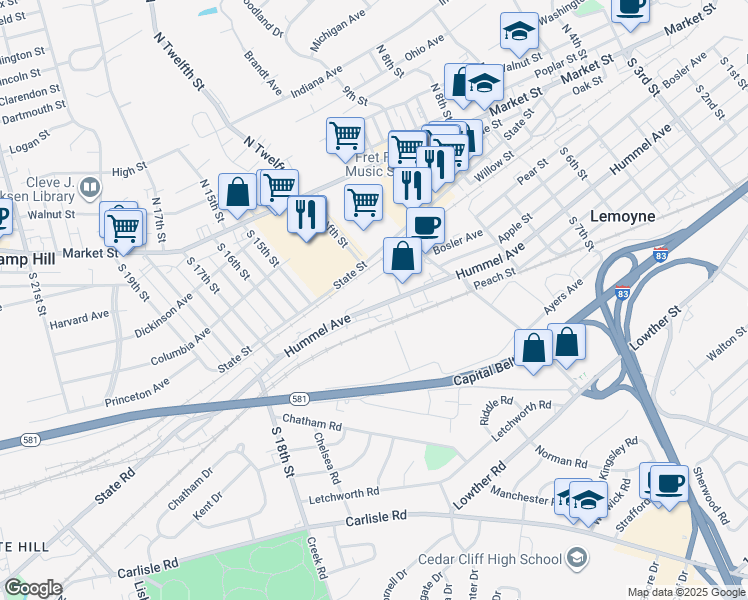 map of restaurants, bars, coffee shops, grocery stores, and more near 1001 Bosler Ave in Lemoyne