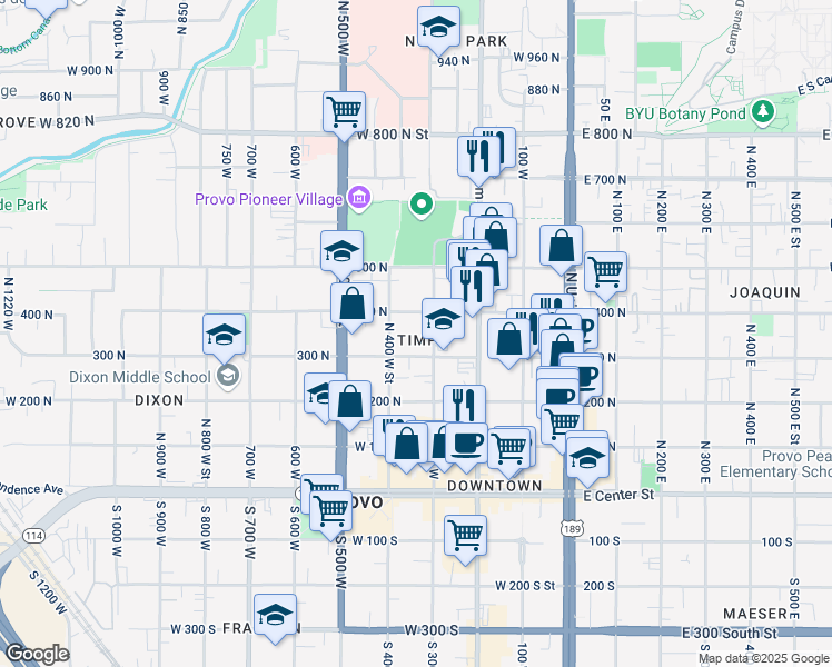 map of restaurants, bars, coffee shops, grocery stores, and more near 361 North 300 West in Provo