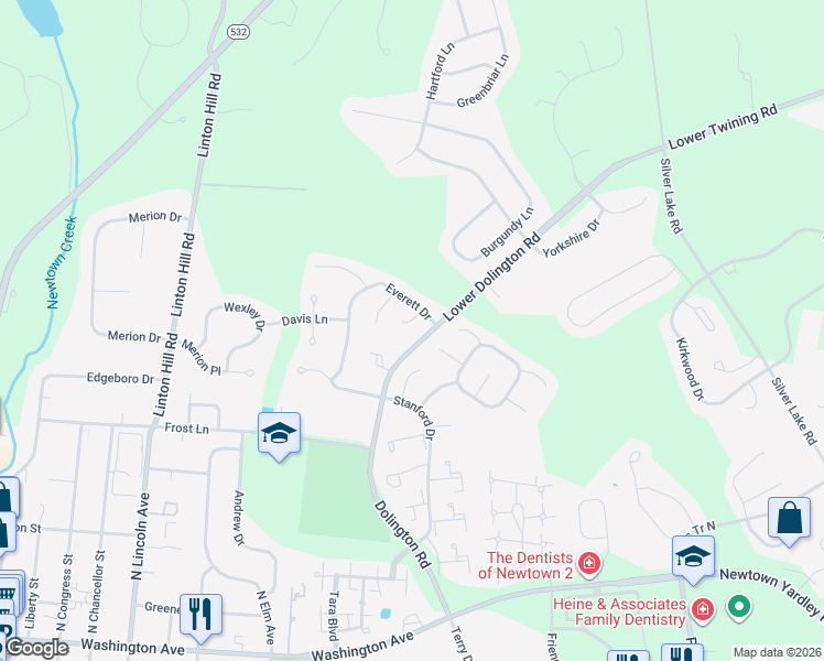 map of restaurants, bars, coffee shops, grocery stores, and more near 43 Craig Court in Newtown