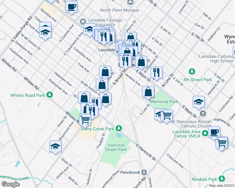 map of restaurants, bars, coffee shops, grocery stores, and more near 117 South Broad Street in Lansdale