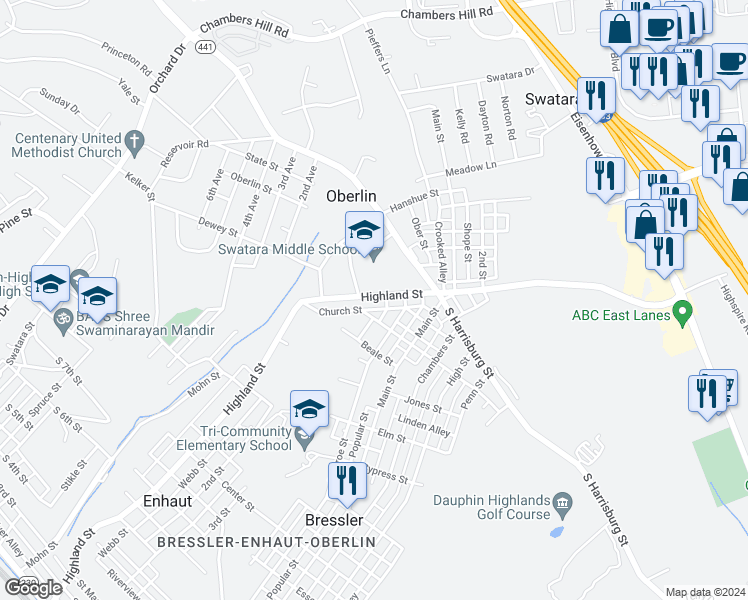map of restaurants, bars, coffee shops, grocery stores, and more near 1084 Highland Street in Harrisburg