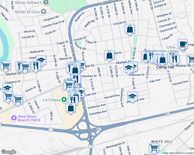 map of restaurants, bars, coffee shops, grocery stores, and more near 3011 Chestnut Street in Camp Hill