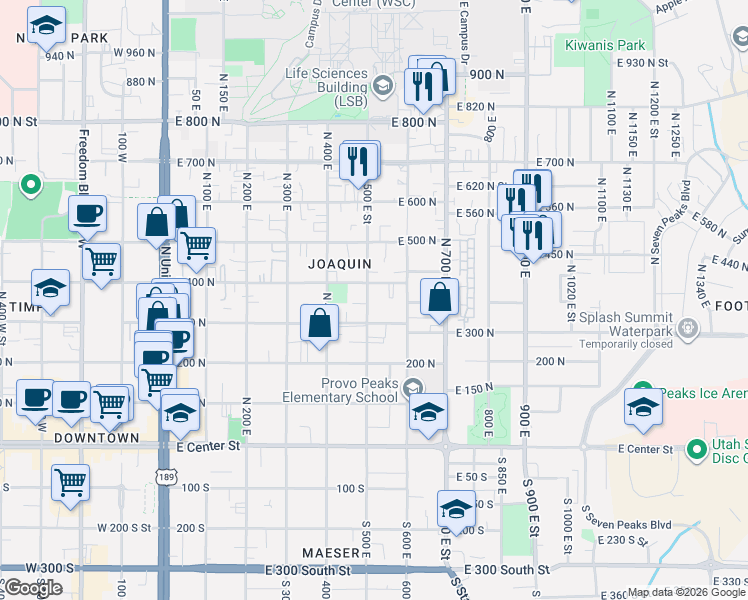 map of restaurants, bars, coffee shops, grocery stores, and more near 364 North 500 East in Provo