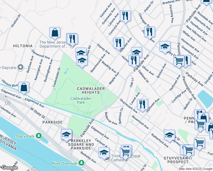 map of restaurants, bars, coffee shops, grocery stores, and more near 1054 Stuyvesant Avenue in Trenton