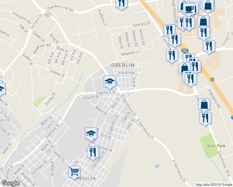 map of restaurants, bars, coffee shops, grocery stores, and more near 1188 Highland Street in Harrisburg
