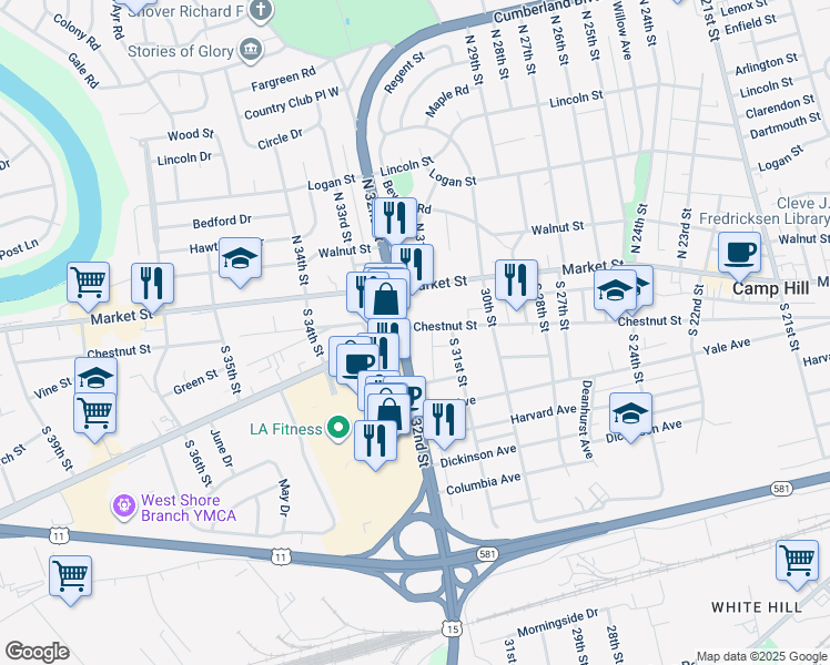 map of restaurants, bars, coffee shops, grocery stores, and more near 3129 Chestnut Street in Camp Hill