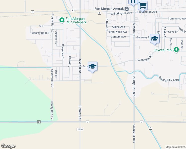 map of restaurants, bars, coffee shops, grocery stores, and more near 605 Education Avenue in Fort Morgan