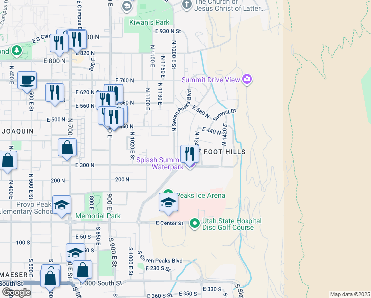 map of restaurants, bars, coffee shops, grocery stores, and more near 363 North Belmont Place in Provo