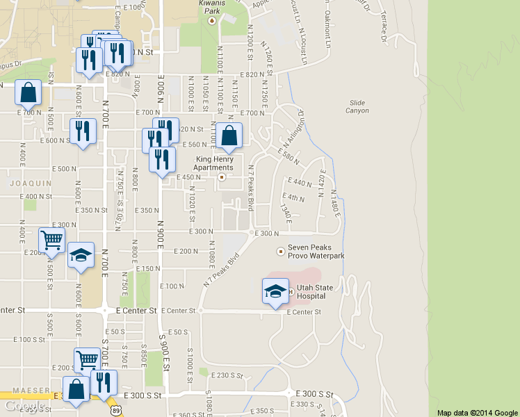 map of restaurants, bars, coffee shops, grocery stores, and more near 392 North Seven Peaks Boulevard in Provo