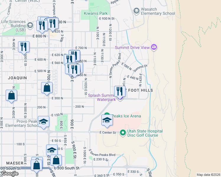 map of restaurants, bars, coffee shops, grocery stores, and more near 366 North 7 Peaks Boulevard in Provo