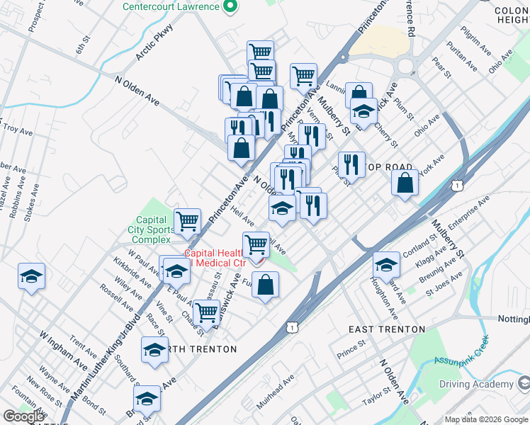 map of restaurants, bars, coffee shops, grocery stores, and more near 1229 North Olden Avenue in Trenton