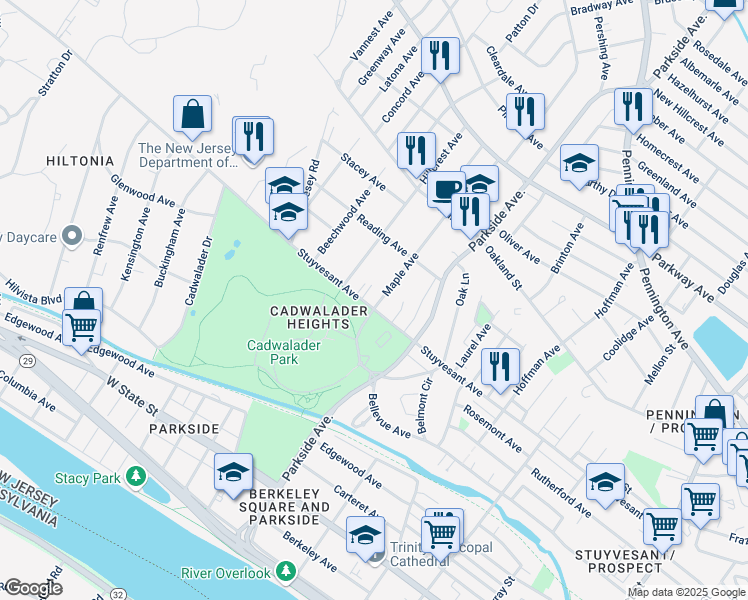 map of restaurants, bars, coffee shops, grocery stores, and more near 1060 Stuyvesant Avenue in Trenton