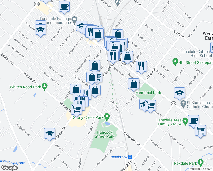 map of restaurants, bars, coffee shops, grocery stores, and more near 117 South Broad Street in Lansdale