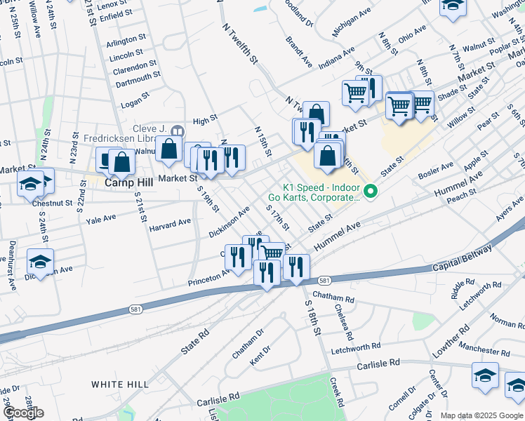 map of restaurants, bars, coffee shops, grocery stores, and more near 30 South 17th Street in Camp Hill