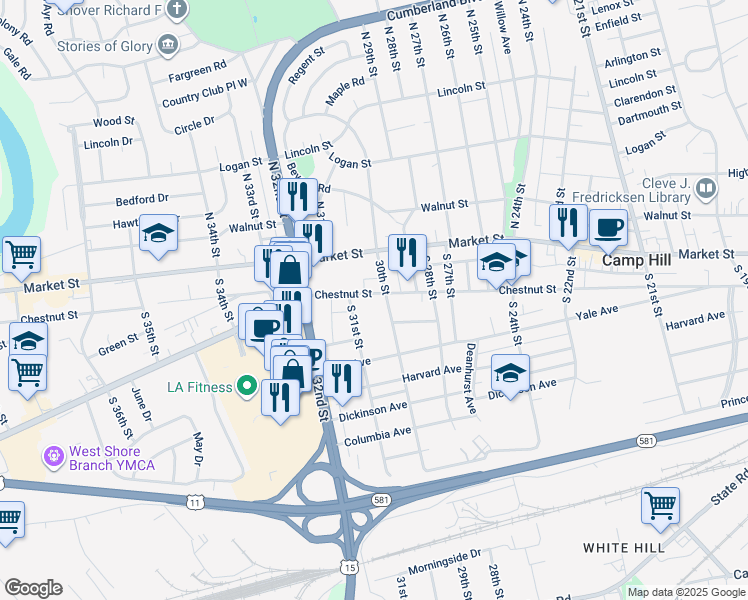 map of restaurants, bars, coffee shops, grocery stores, and more near 3011 Chestnut Street in Camp Hill