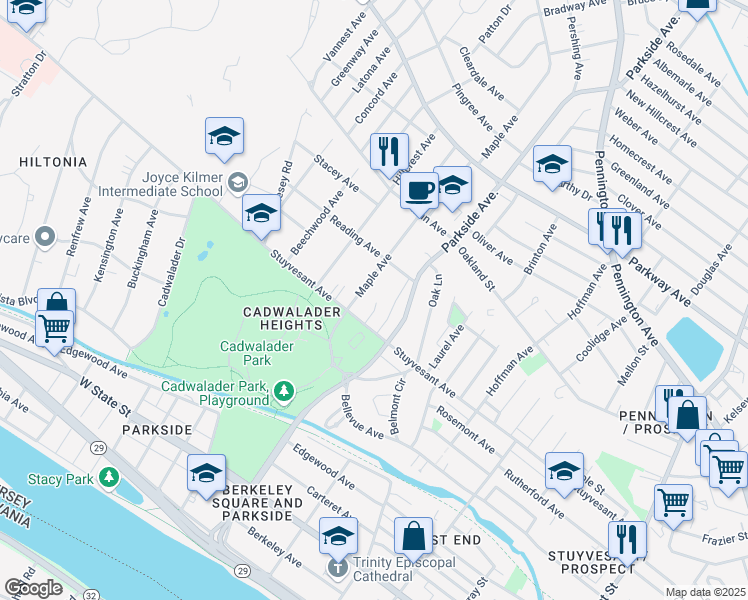 map of restaurants, bars, coffee shops, grocery stores, and more near 4 Edwards Plaza in Trenton