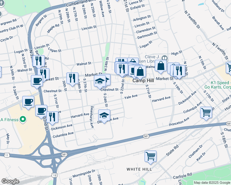 map of restaurants, bars, coffee shops, grocery stores, and more near 2313 Chestnut Street in Camp Hill