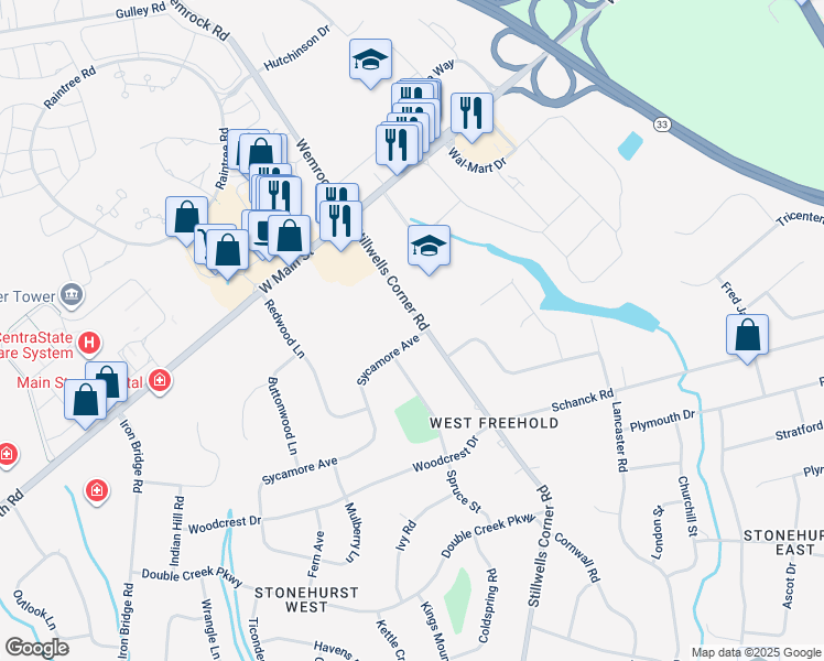 map of restaurants, bars, coffee shops, grocery stores, and more near 1 Sycamore Avenue in Freehold