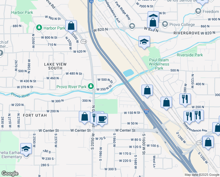 map of restaurants, bars, coffee shops, grocery stores, and more near 1930 West 350 North in Provo