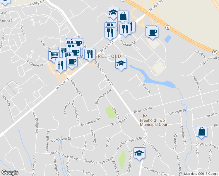 map of restaurants, bars, coffee shops, grocery stores, and more near 1 Sycamore Avenue in Freehold