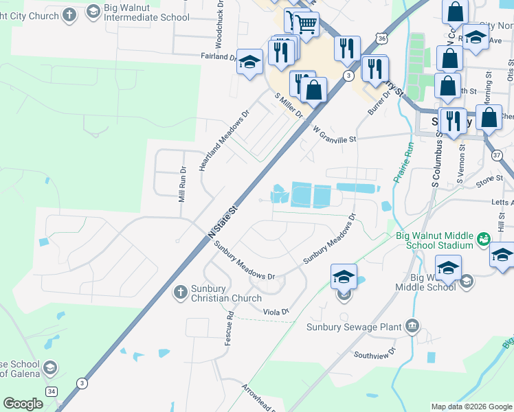 map of restaurants, bars, coffee shops, grocery stores, and more near 740 Foxcreek Road in Sunbury