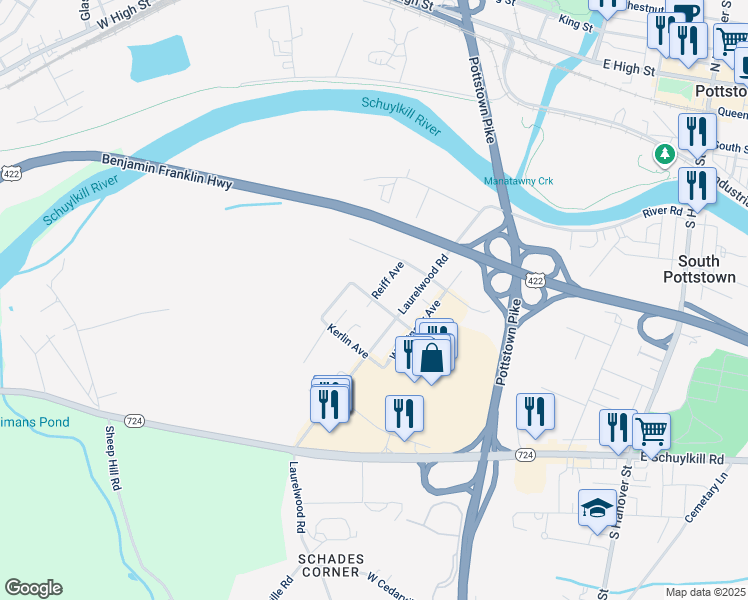map of restaurants, bars, coffee shops, grocery stores, and more near Reiff Avenue in Pottstown