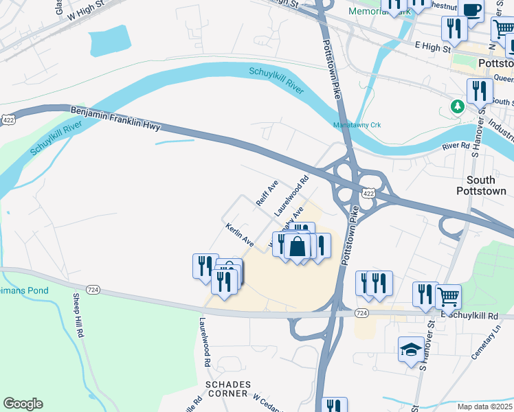 map of restaurants, bars, coffee shops, grocery stores, and more near Reiff Avenue in Pottstown