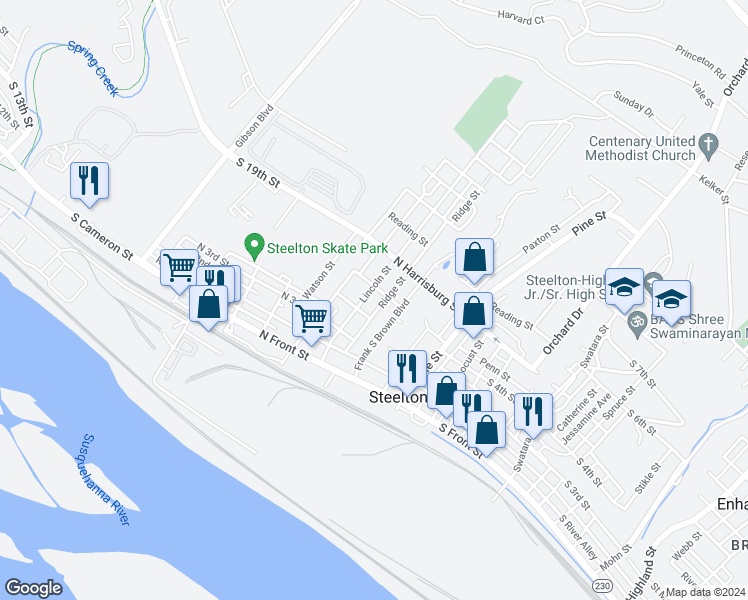 map of restaurants, bars, coffee shops, grocery stores, and more near 168 Lincoln Street in Steelton