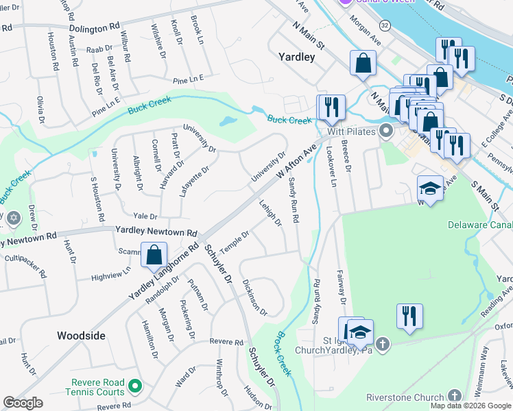 map of restaurants, bars, coffee shops, grocery stores, and more near 1024 Lehigh Drive in Yardley