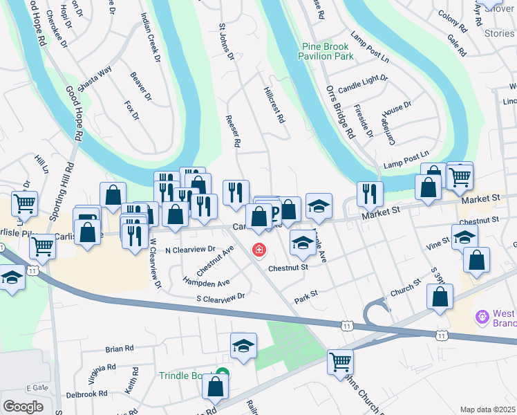 map of restaurants, bars, coffee shops, grocery stores, and more near 4440 Motter Lane in Camp Hill