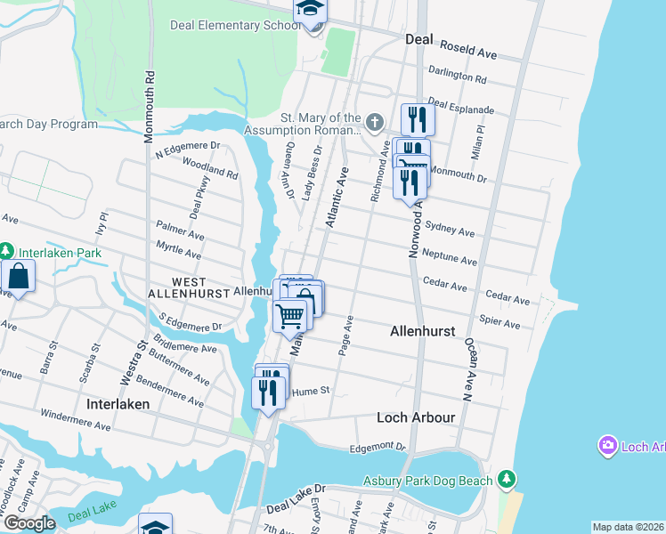 map of restaurants, bars, coffee shops, grocery stores, and more near 312 Cedar Avenue in Allenhurst