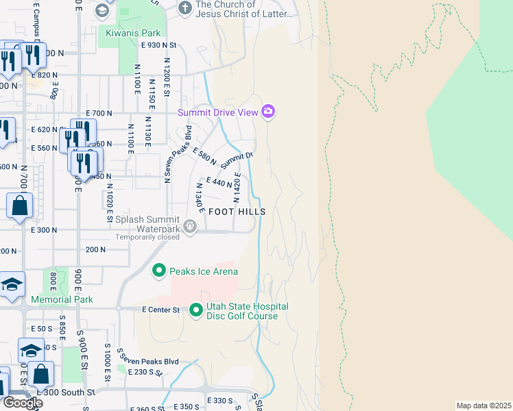 map of restaurants, bars, coffee shops, grocery stores, and more near 386 North 1480 East in Provo