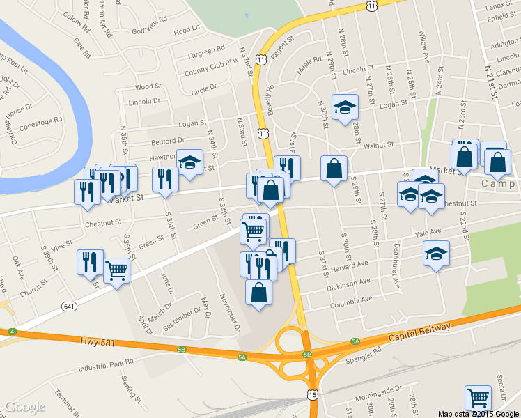 map of restaurants, bars, coffee shops, grocery stores, and more near 3216 Trindle Road in Camp Hill