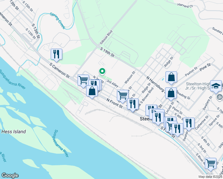map of restaurants, bars, coffee shops, grocery stores, and more near 223 Jefferson Street in Steelton