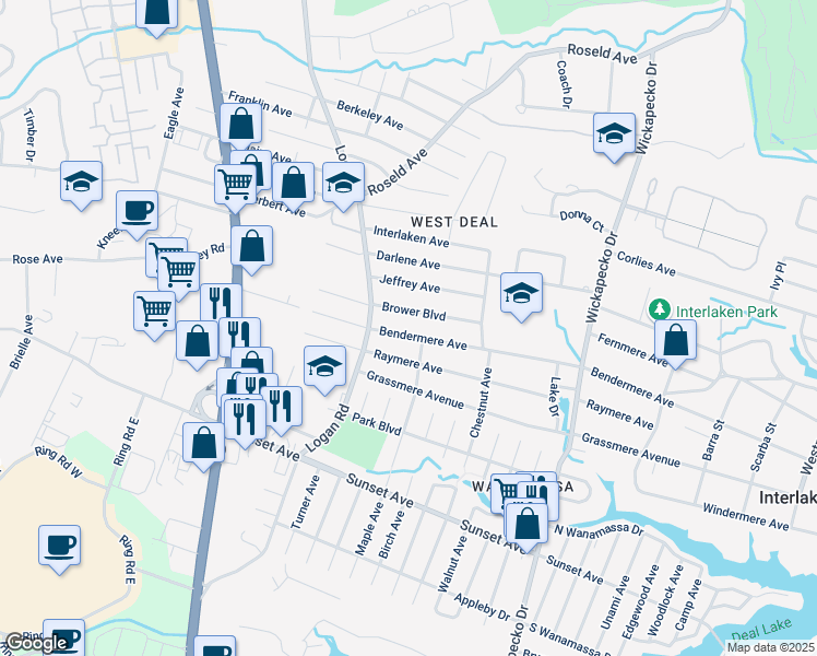 map of restaurants, bars, coffee shops, grocery stores, and more near 1124 Brower Boulevard in Wanamassa