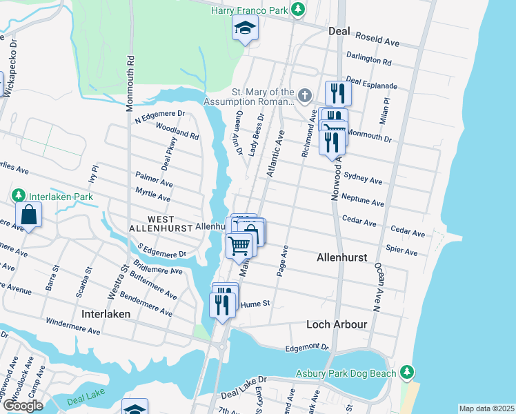 map of restaurants, bars, coffee shops, grocery stores, and more near 107 Main Street in Allenhurst
