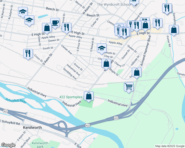 map of restaurants, bars, coffee shops, grocery stores, and more near 1228 Center Avenue in Pottstown