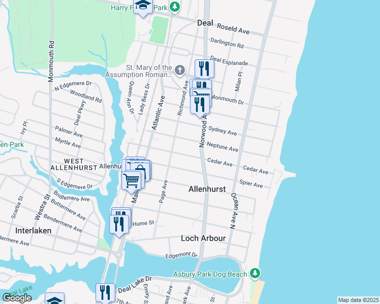 map of restaurants, bars, coffee shops, grocery stores, and more near 86 Neptune Avenue in Deal