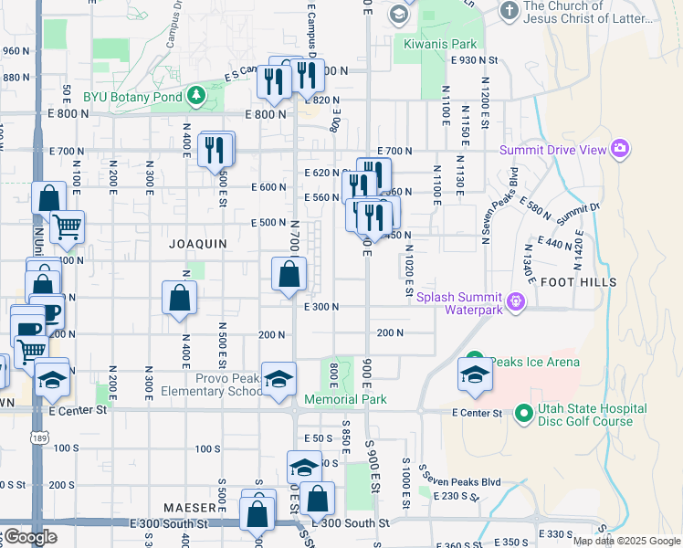 map of restaurants, bars, coffee shops, grocery stores, and more near 383 800 East in Provo