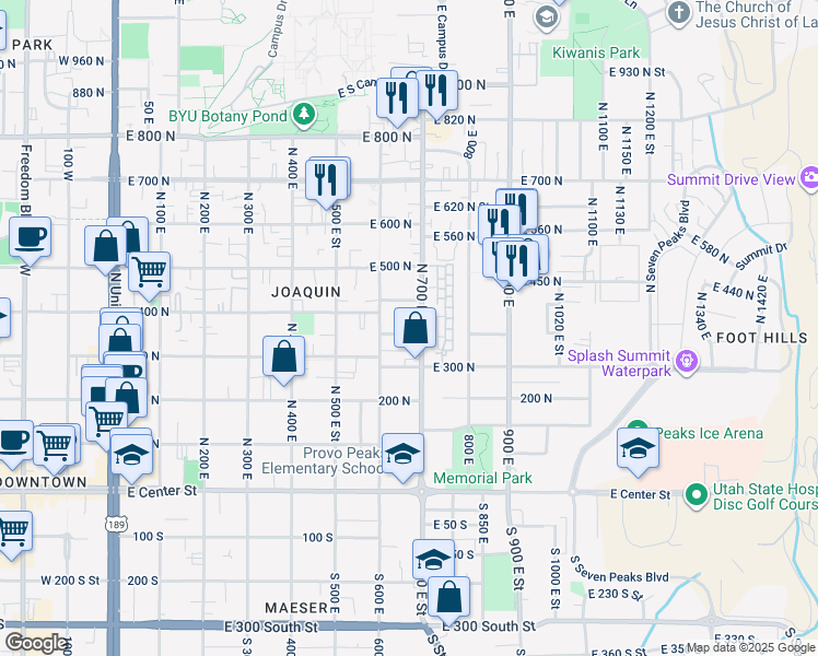 map of restaurants, bars, coffee shops, grocery stores, and more near 392 700 East in Provo