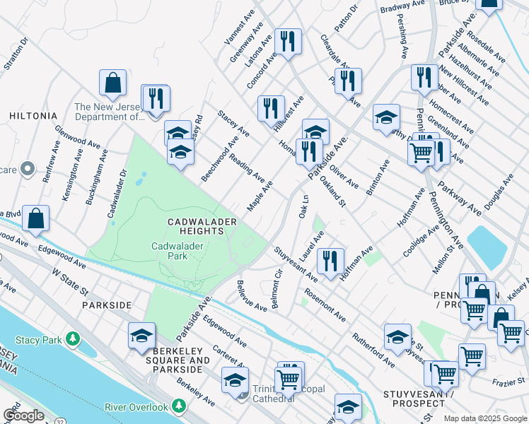 map of restaurants, bars, coffee shops, grocery stores, and more near 50 Maple Avenue in Trenton