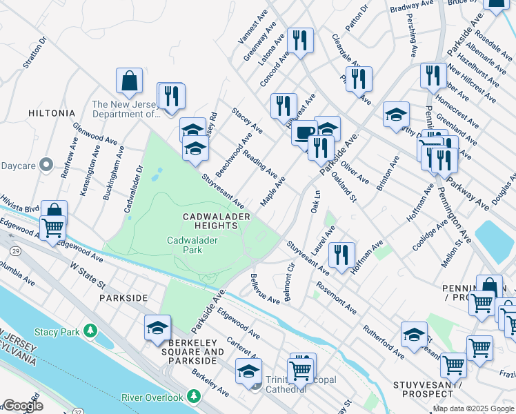 map of restaurants, bars, coffee shops, grocery stores, and more near 1060 Stuyvesant Avenue in Trenton