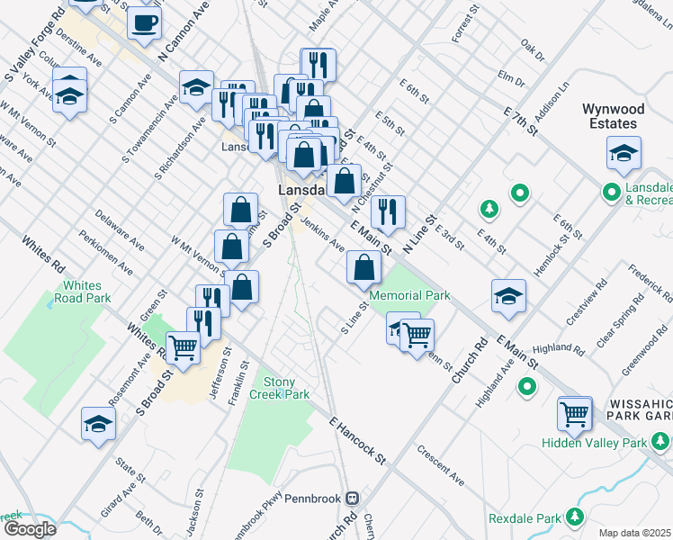 map of restaurants, bars, coffee shops, grocery stores, and more near 124 Jenkins Avenue in Lansdale
