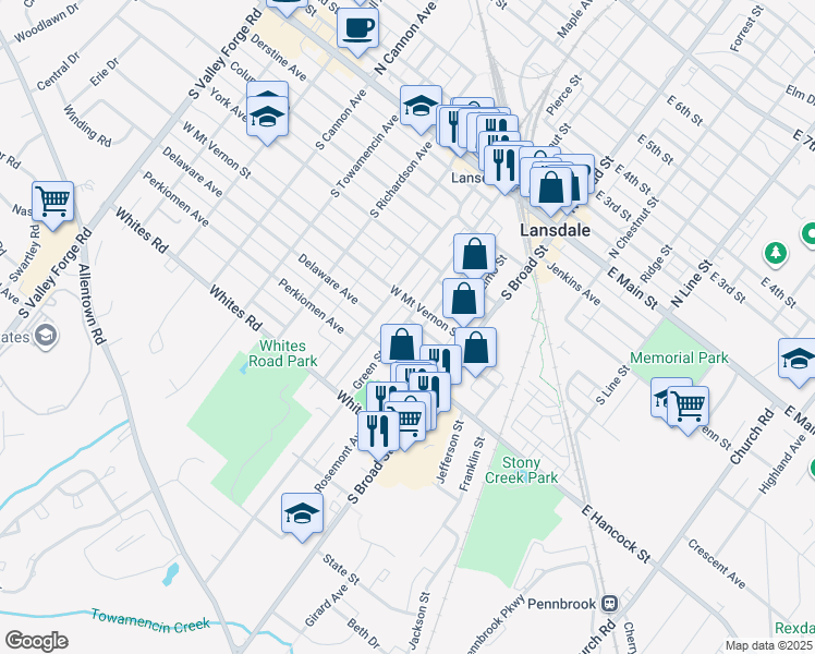map of restaurants, bars, coffee shops, grocery stores, and more near 308 Green Street in Lansdale
