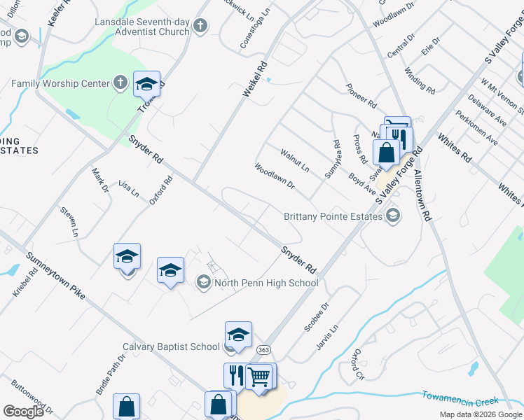 map of restaurants, bars, coffee shops, grocery stores, and more near 100 Snyder Road in Lansdale
