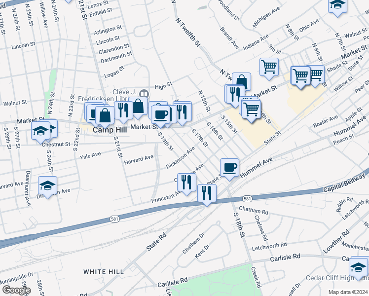 map of restaurants, bars, coffee shops, grocery stores, and more near 36 South 18th Street in Camp Hill