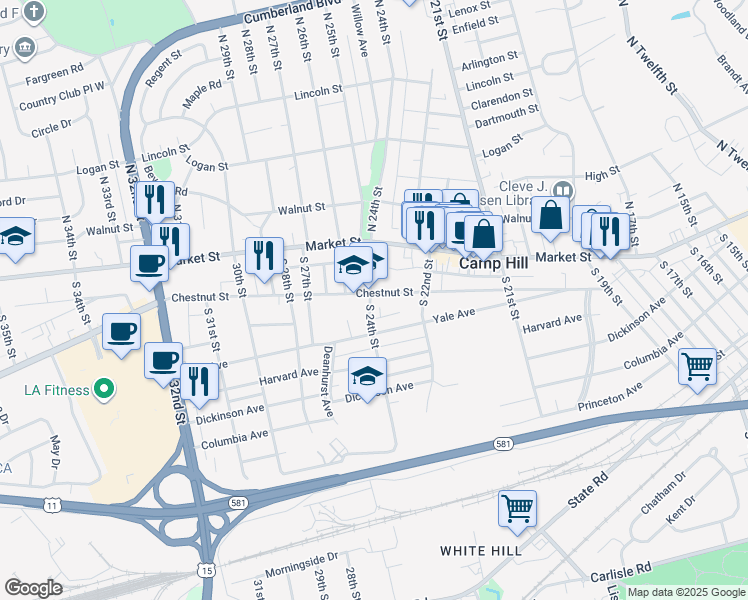 map of restaurants, bars, coffee shops, grocery stores, and more near 2324 Chestnut Street in Camp Hill